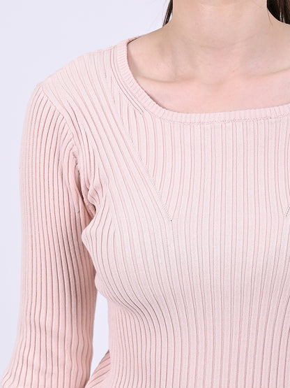 Viscose Round Neck with Full Sleeve stretchable Fitted Ribbed Pink Top