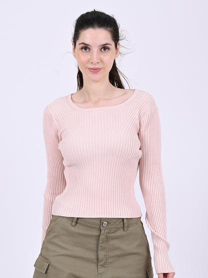 Viscose Round Neck with Full Sleeve stretchable Fitted Ribbed Pink Top