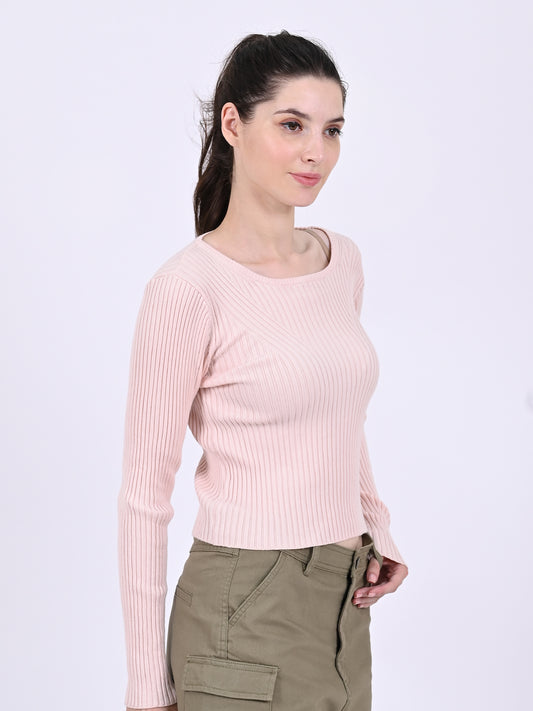 Viscose Round Neck with Full Sleeve stretchable Fitted Ribbed Pink Top