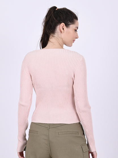 Viscose Round Neck with Full Sleeve stretchable Fitted Ribbed Pink Top