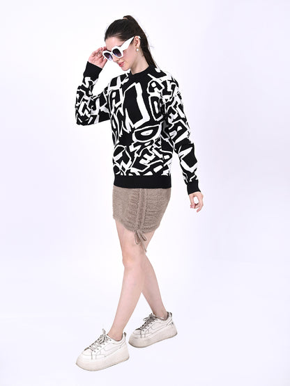 Viscose Full Sleeve with Crew Neck Printed Black and white Sweatshirt