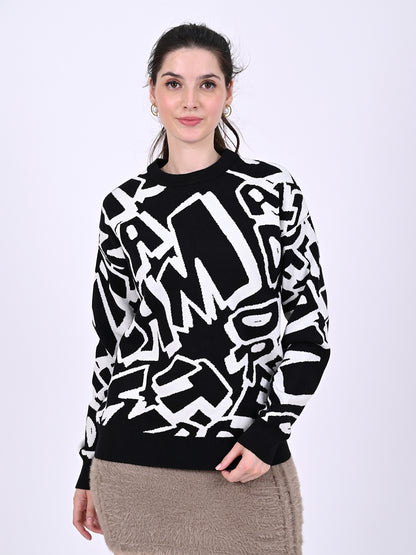 Viscose Full Sleeve with Crew Neck Printed Black and white Sweatshirt