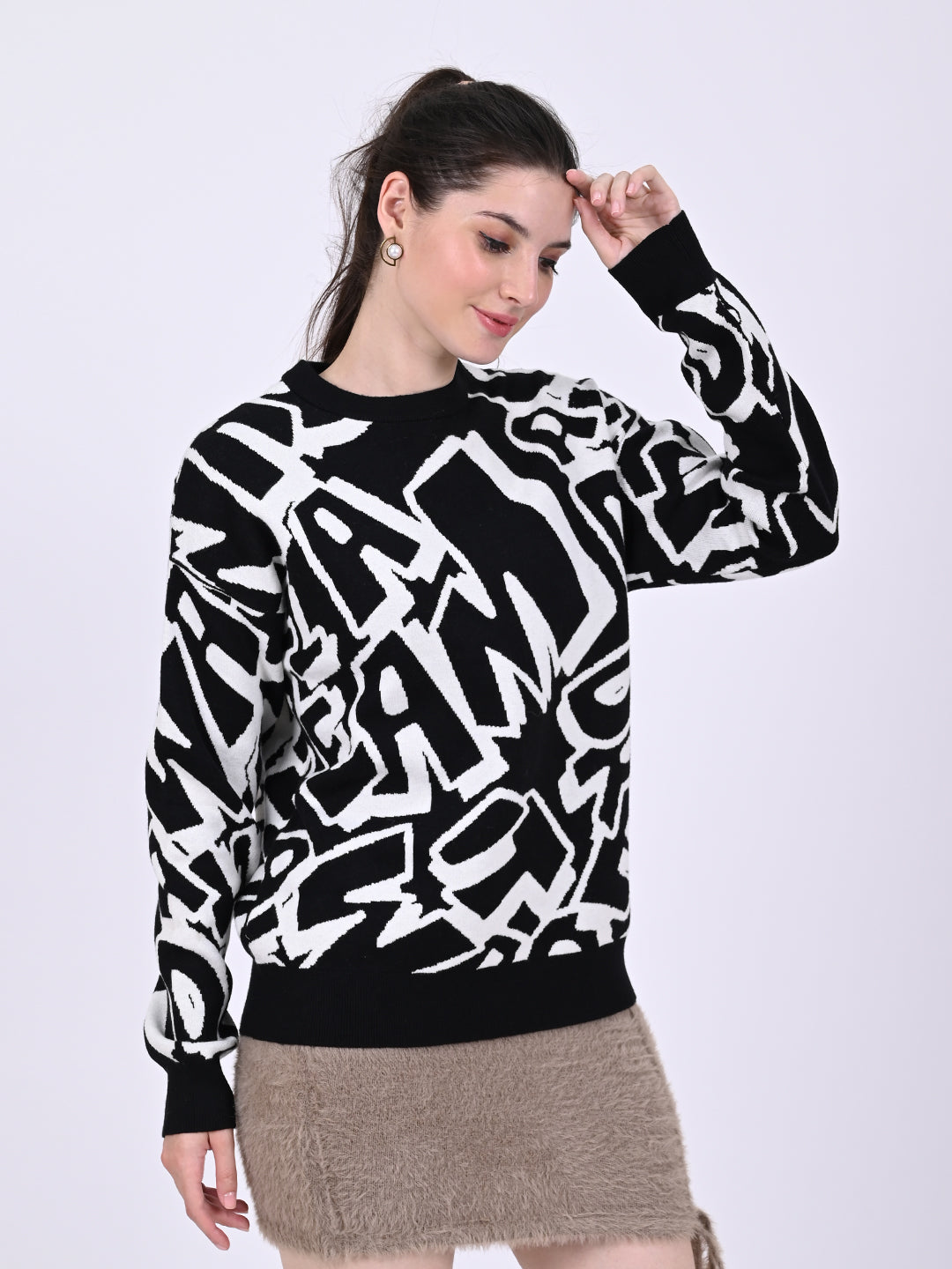 Viscose Full Sleeve with Crew Neck Printed Black and white Sweatshirt