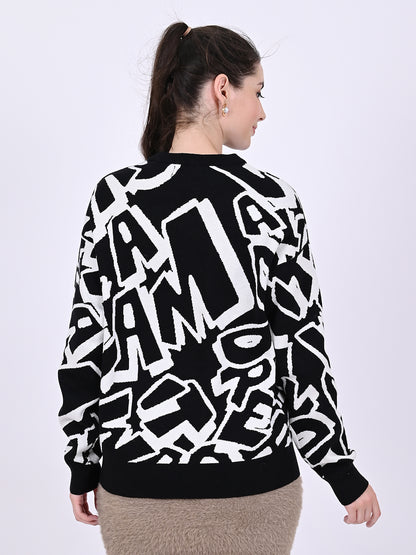 Viscose Full Sleeve with Crew Neck Printed Black and white Sweatshirt