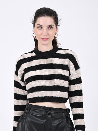 Acrylic Crew Neck with Full Sleeve Beige and Black Cropped Sweater