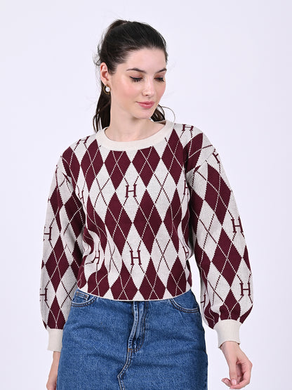 Round Neck with Full Sleeve Crop Checkered Maroon Sweater