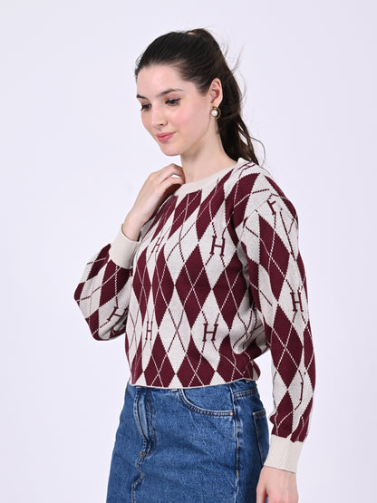 Round Neck with Full Sleeve Crop Checkered Maroon Sweater