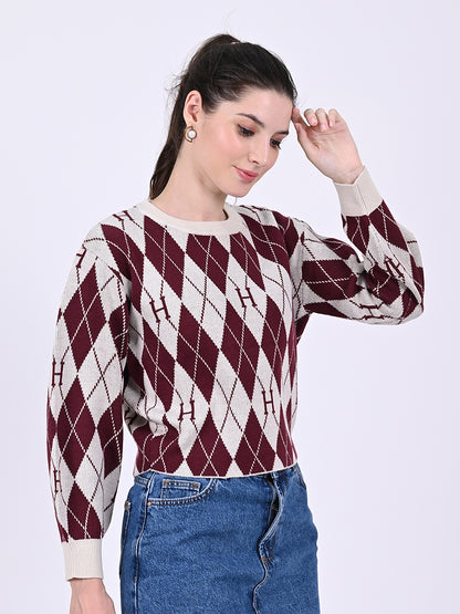 Round Neck with Full Sleeve Crop Checkered Maroon Sweater