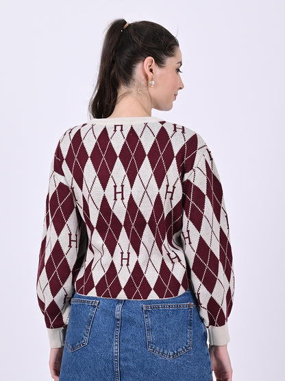 Round Neck with Full Sleeve Crop Checkered Maroon Sweater