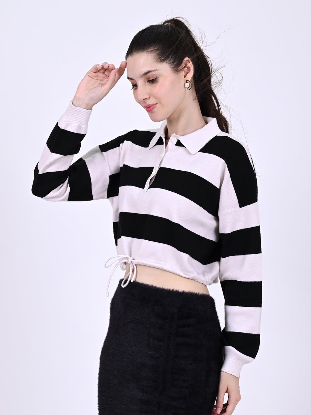 Acrylic Full Sleeve with shirt Collar Button Front Striped Polo Shirt Striped Top