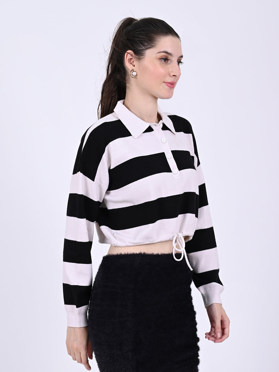 Acrylic Full Sleeve with shirt Collar Button Front Striped Polo Shirt Striped Top