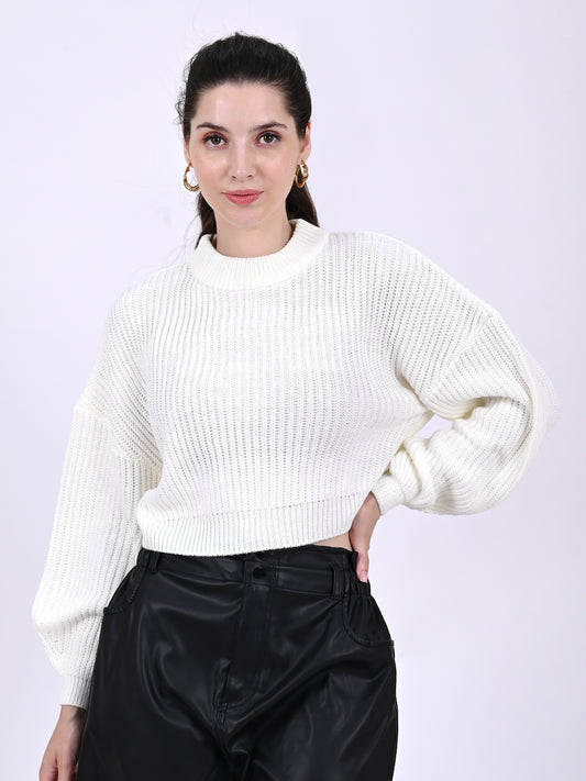 Cotton Full Sleeve with Crew Neck Knitted White Sweater