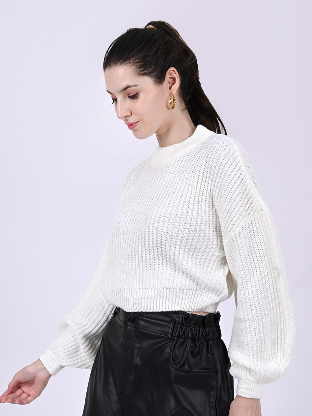 Cotton Full Sleeve with Crew Neck Knitted White Sweater