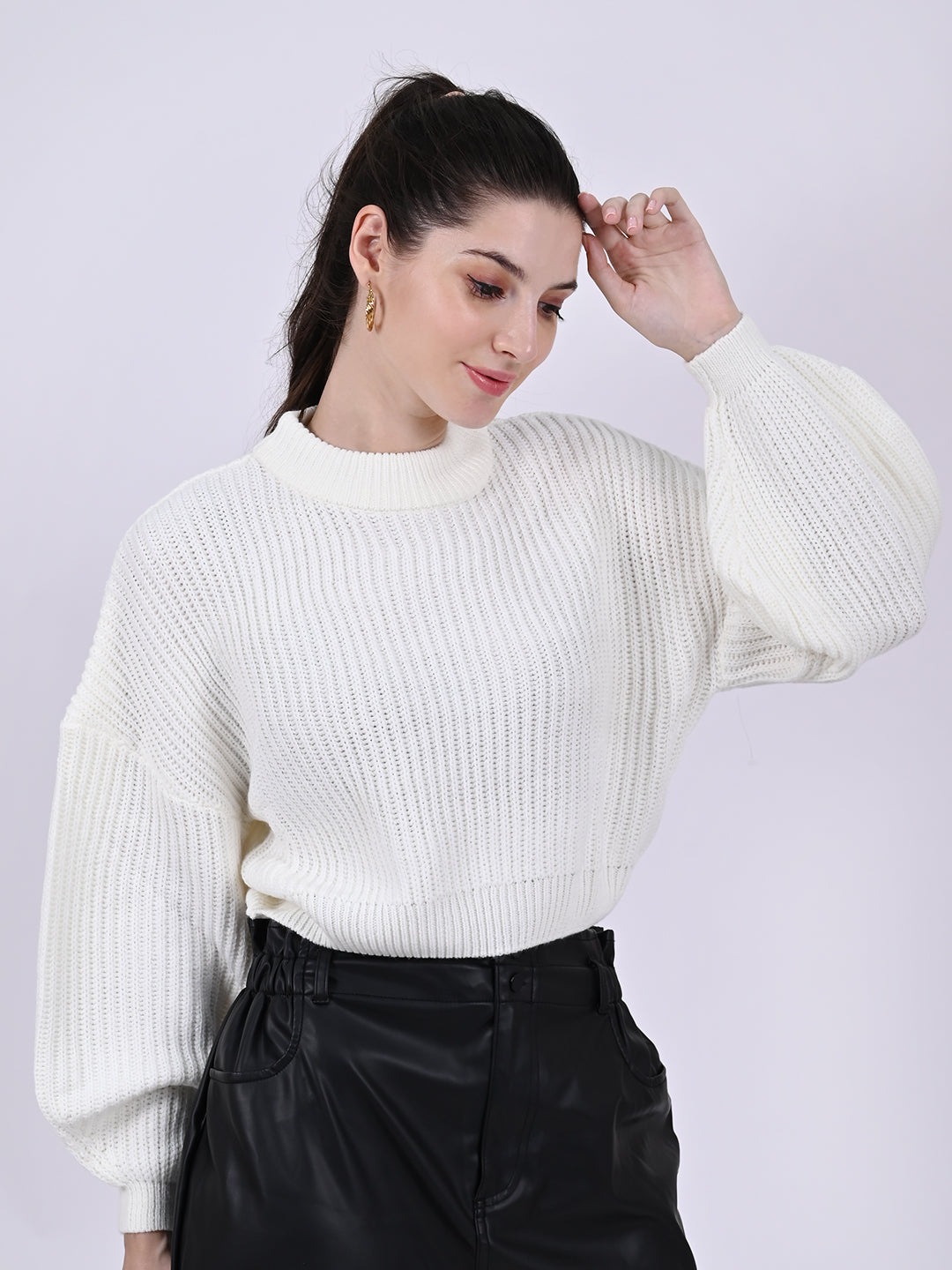 Cotton Full Sleeve with Crew Neck Knitted White Sweater