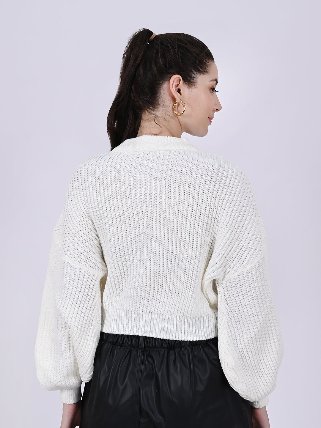 Cotton Full Sleeve with Crew Neck Knitted White Sweater