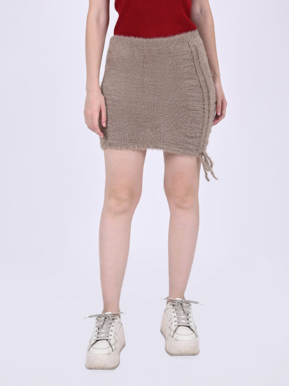 Nylon Fluffy knit mini Skirt A-Line Brown Maximum Stretchable