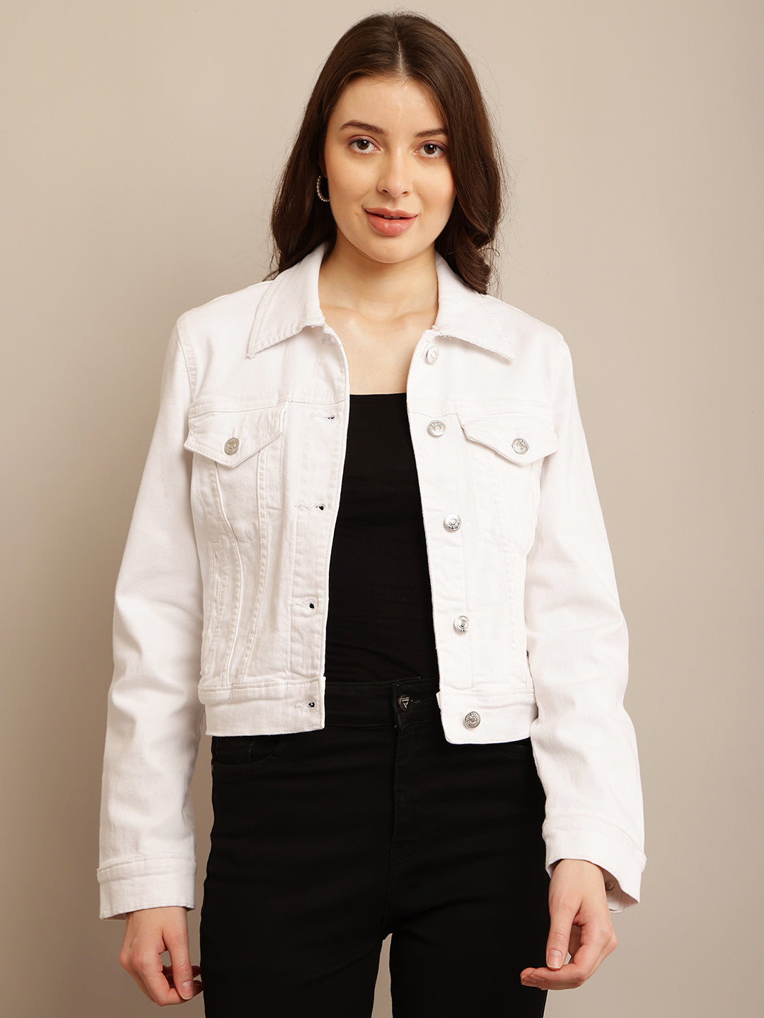 White Jacket with Cotton Full Sleeves and Shirt Collar