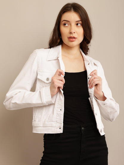 White Jacket with Cotton Full Sleeves and Shirt Collar