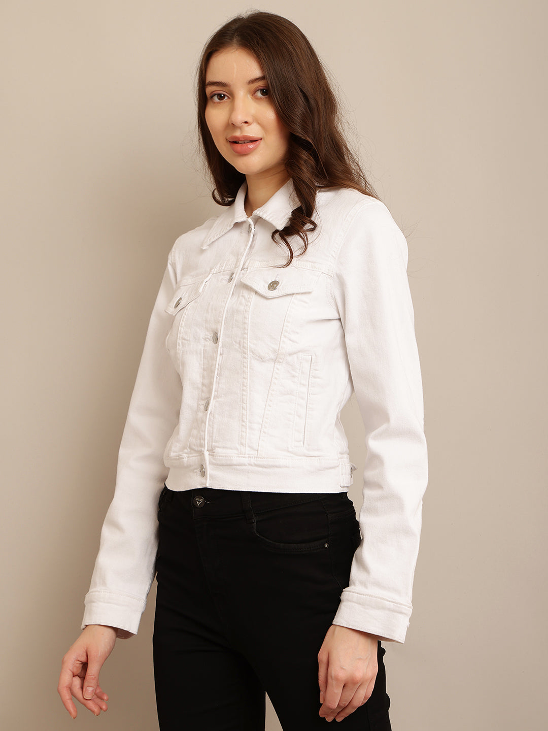 White Jacket with Cotton Full Sleeves and Shirt Collar