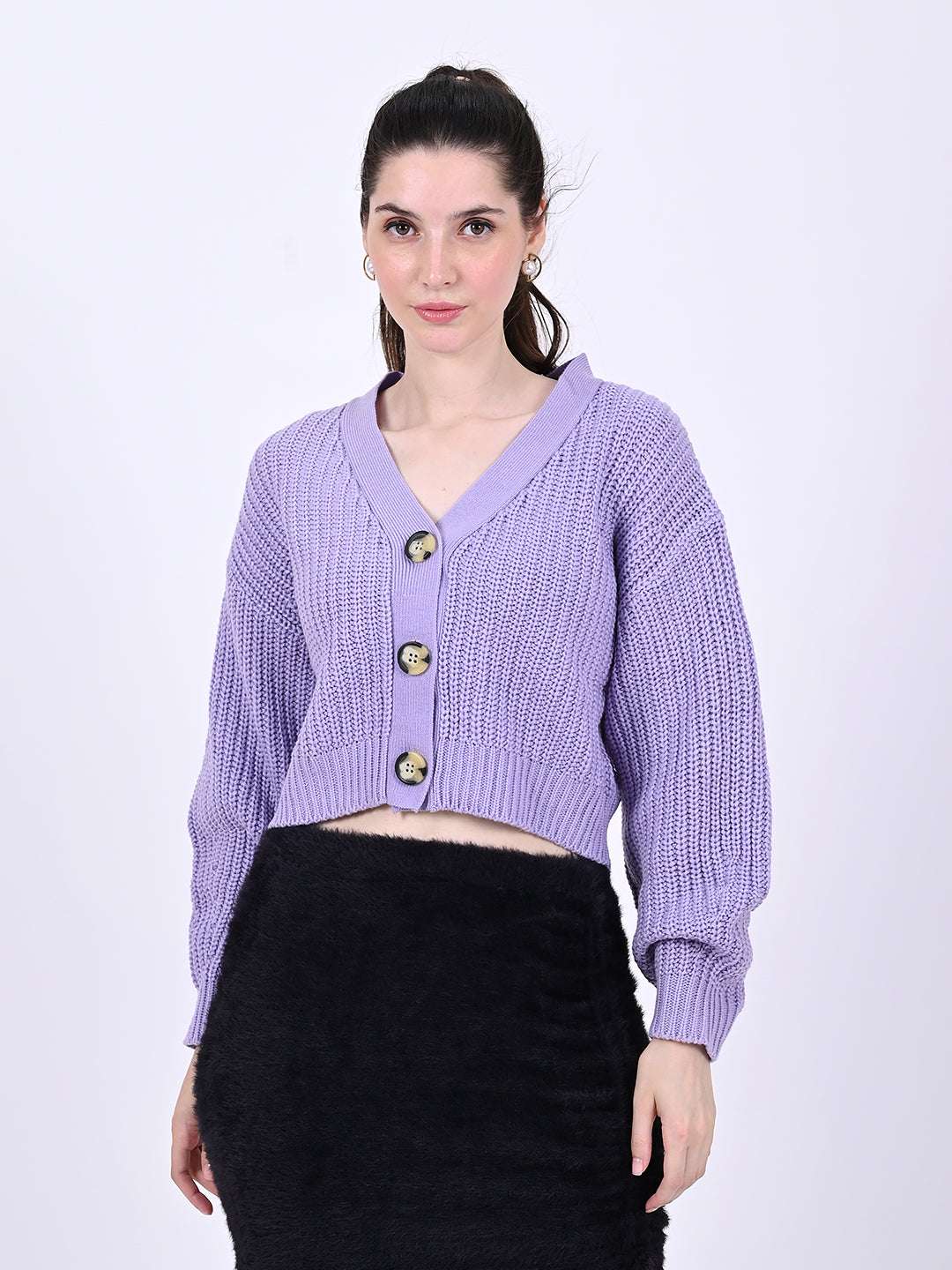 Acrylic Full Sleeve Front Button Closure Cropped Purple Cardigan