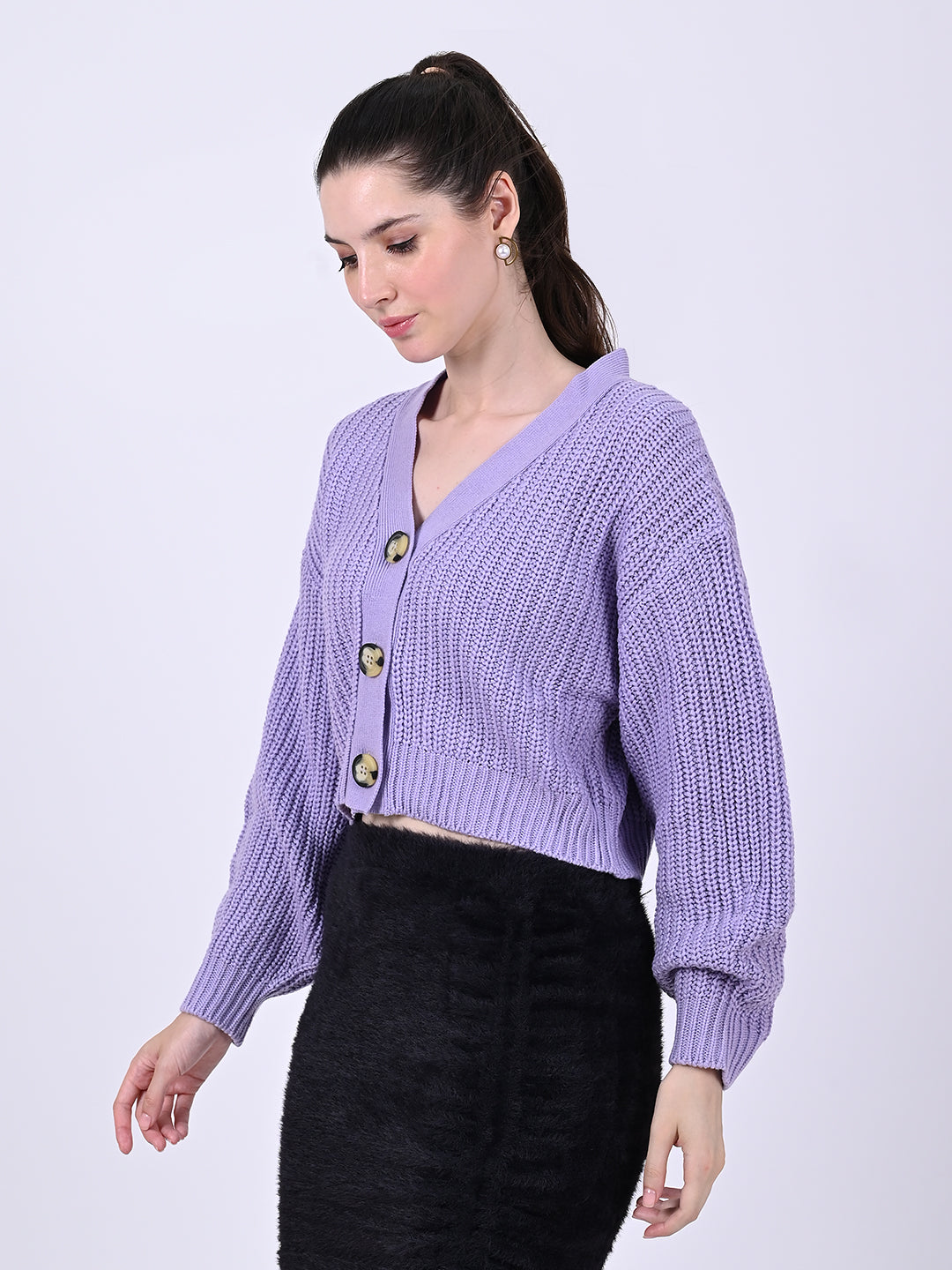 Acrylic Full Sleeve Front Button Closure Cropped Purple Cardigan