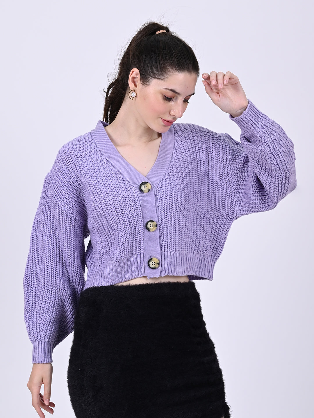 Acrylic Full Sleeve Front Button Closure Cropped Purple Cardigan