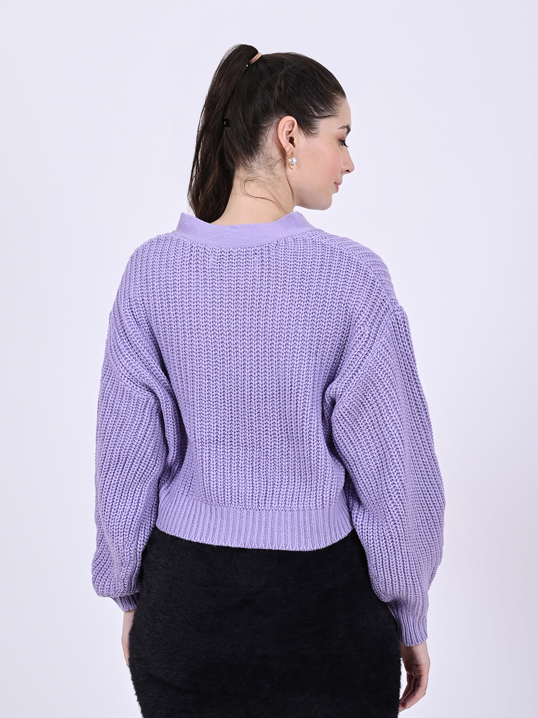 Acrylic Full Sleeve Front Button Closure Cropped Purple Cardigan