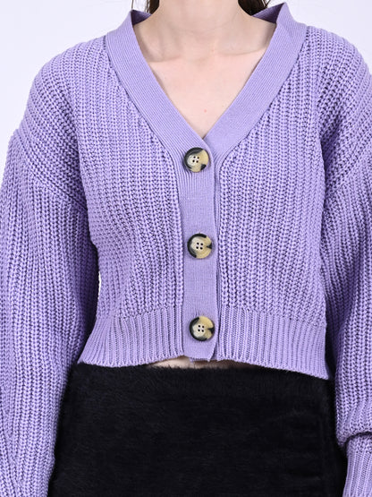 Acrylic Full Sleeve Front Button Closure Cropped Purple Cardigan