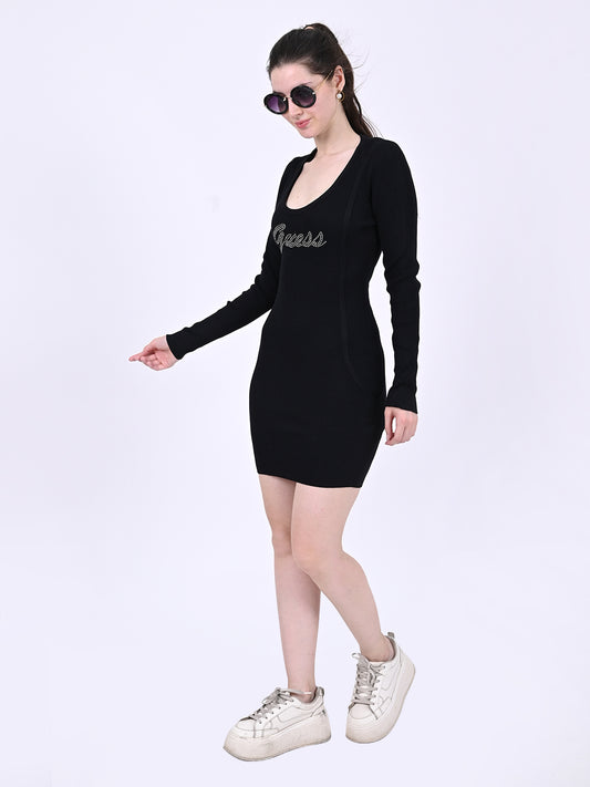 Viscose Full Sleeve with Round Neck Mini Bodycon Black Dress