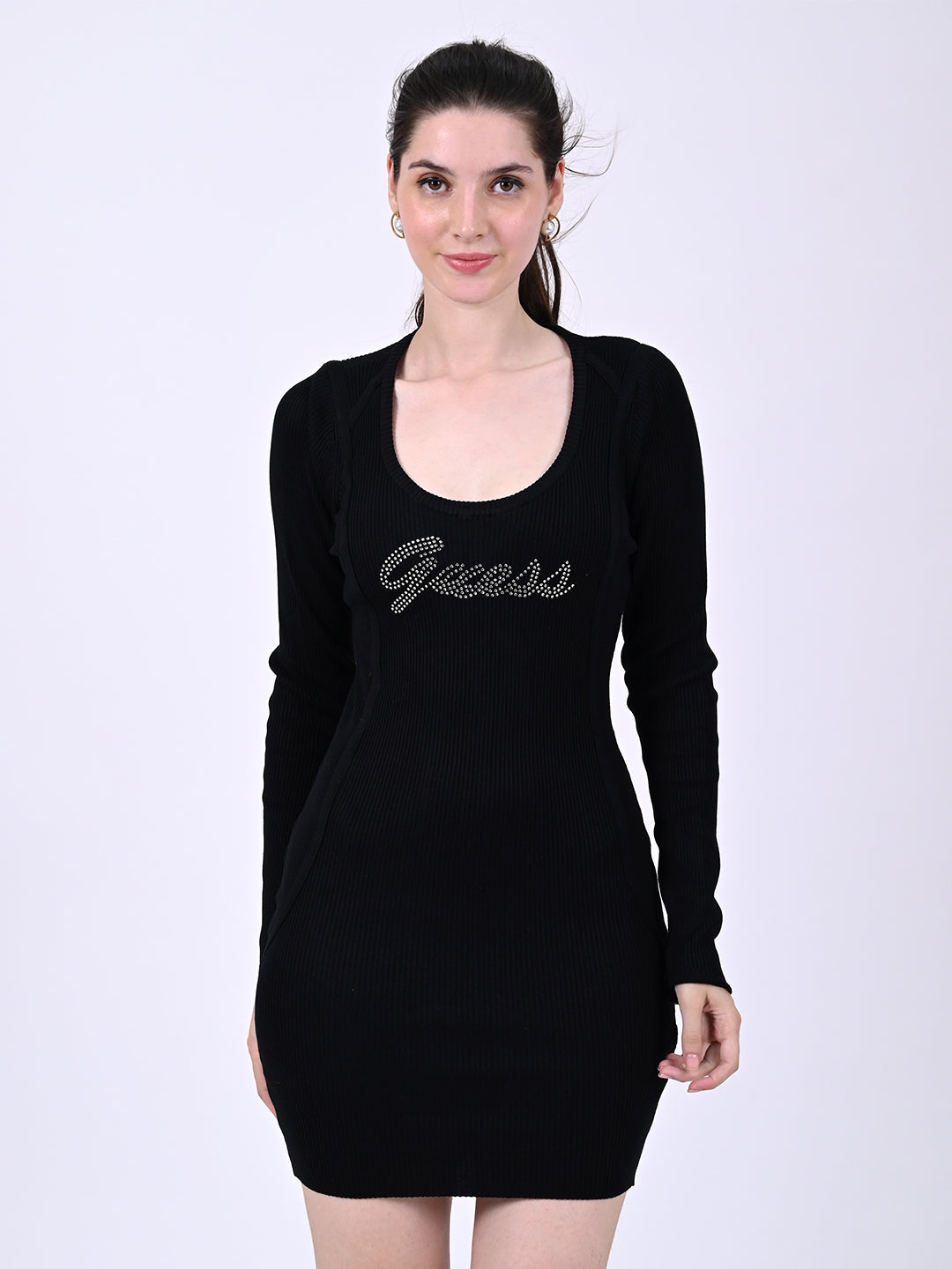 Viscose Full Sleeve with Round Neck Mini Bodycon Black Dress