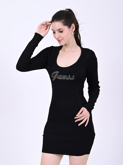 Viscose Full Sleeve with Round Neck Mini Bodycon Black Dress