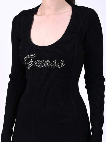 Viscose Full Sleeve with Round Neck Mini Bodycon Black Dress