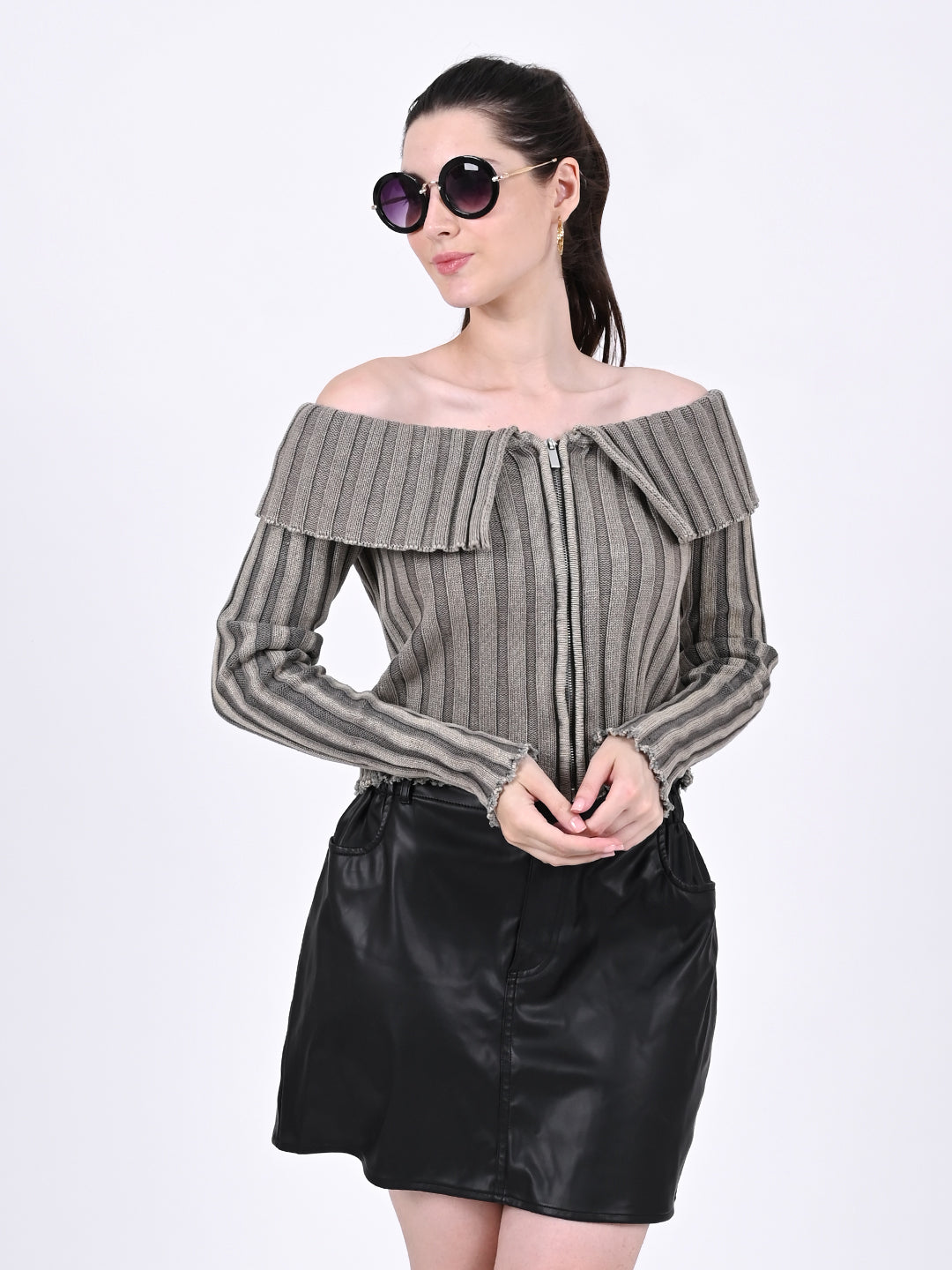 Cotton Striped Off-Shoulder Long Sleeve stretchable Bardot Crop Smoke Grey