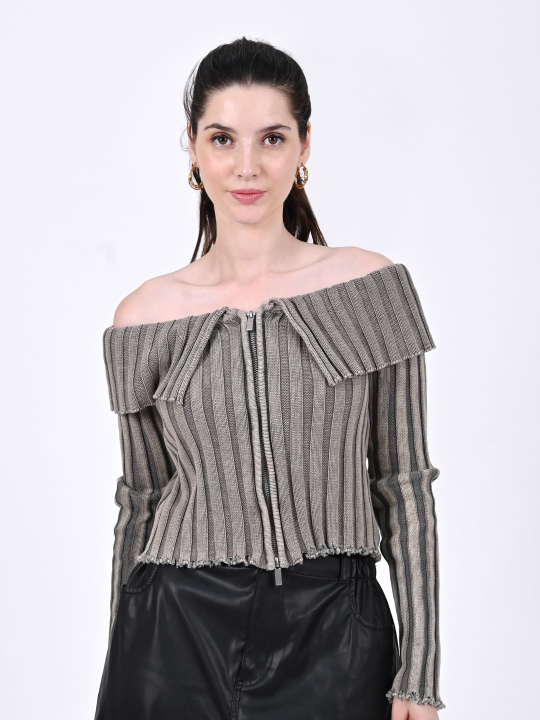 Cotton Striped Off-Shoulder Long Sleeve stretchable Bardot Crop Smoke Grey