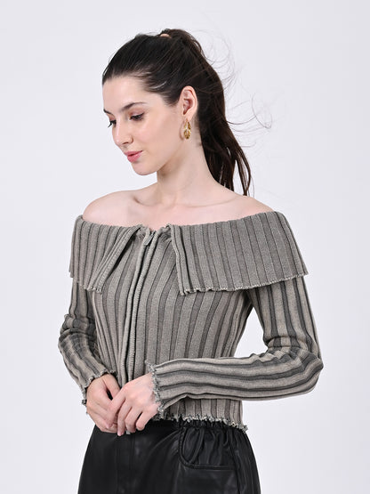 Cotton Striped Off-Shoulder Long Sleeve stretchable Bardot Crop Smoke Grey