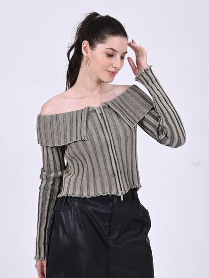 Cotton Striped Off-Shoulder Long Sleeve stretchable Bardot Crop Smoke Grey