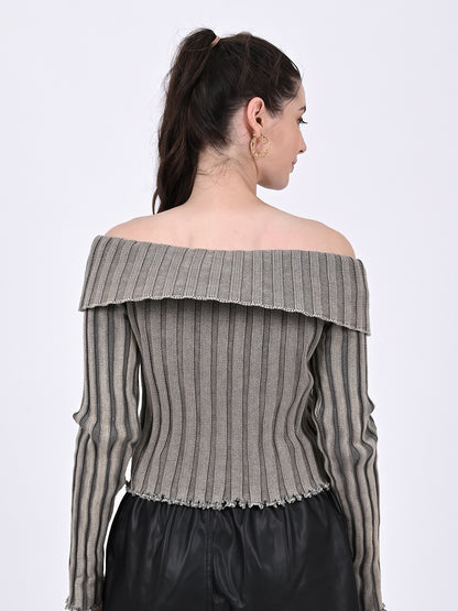 Cotton Striped Off-Shoulder Long Sleeve stretchable Bardot Crop Smoke Grey