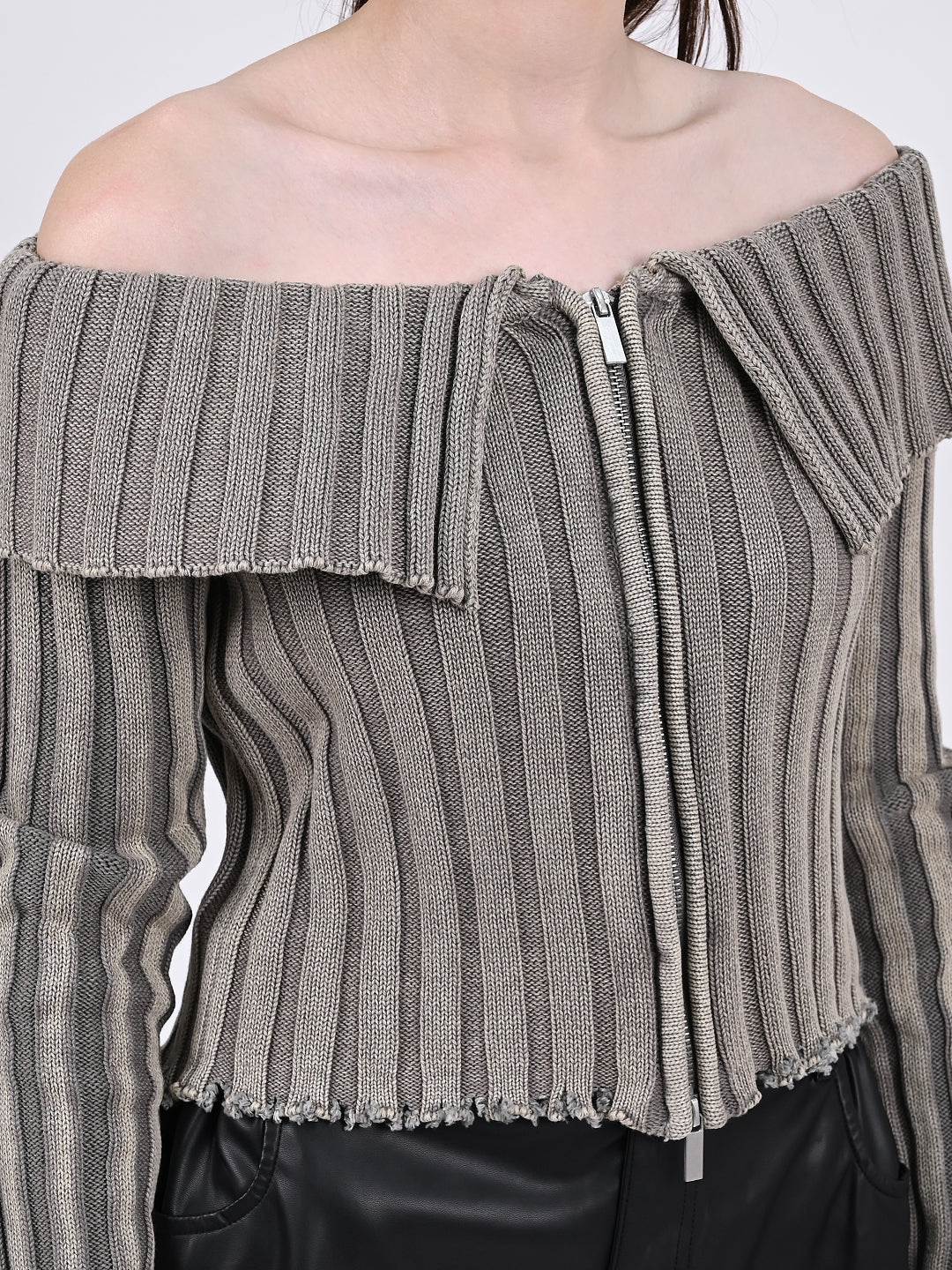 Cotton Striped Off-Shoulder Long Sleeve stretchable Bardot Crop Smoke Grey