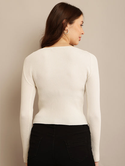 White Ribbed Top with Nylon, Round Neck, Cut-out One Shoulder, and Full Sleeves