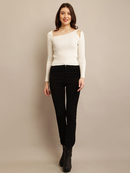 White Ribbed Top with Nylon, Round Neck, Cut-out One Shoulder, and Full Sleeves