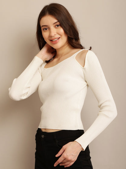 White Ribbed Top with Nylon, Round Neck, Cut-out One Shoulder, and Full Sleeves