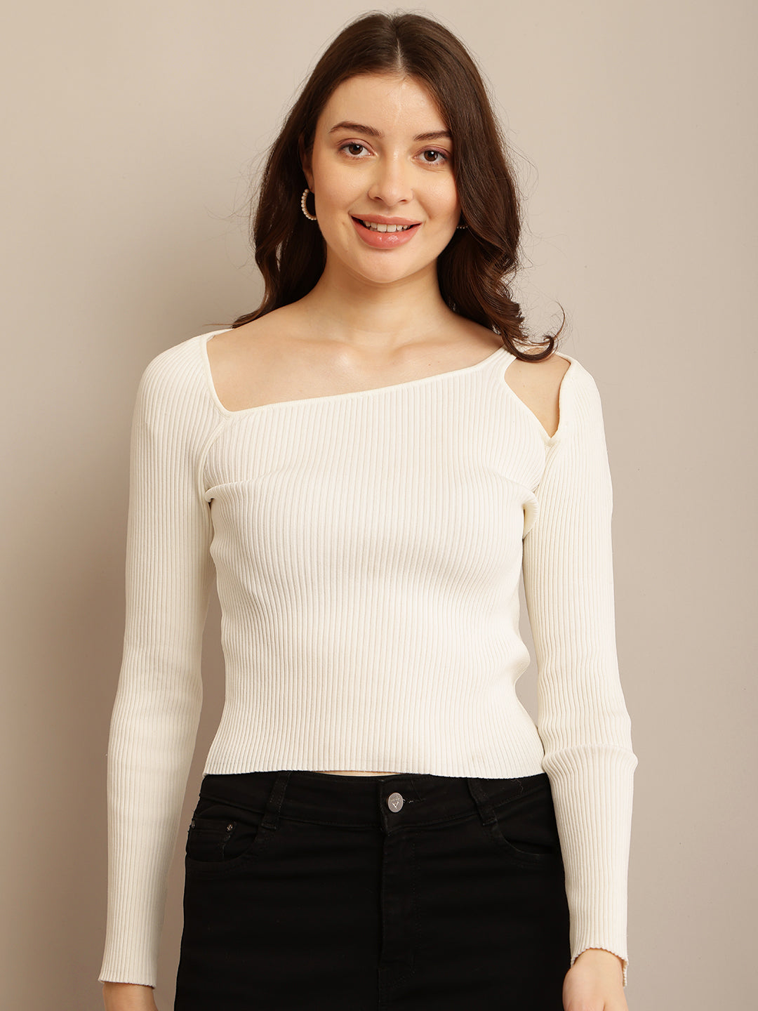 White Ribbed Top with Nylon, Round Neck, Cut-out One Shoulder, and Full Sleeves