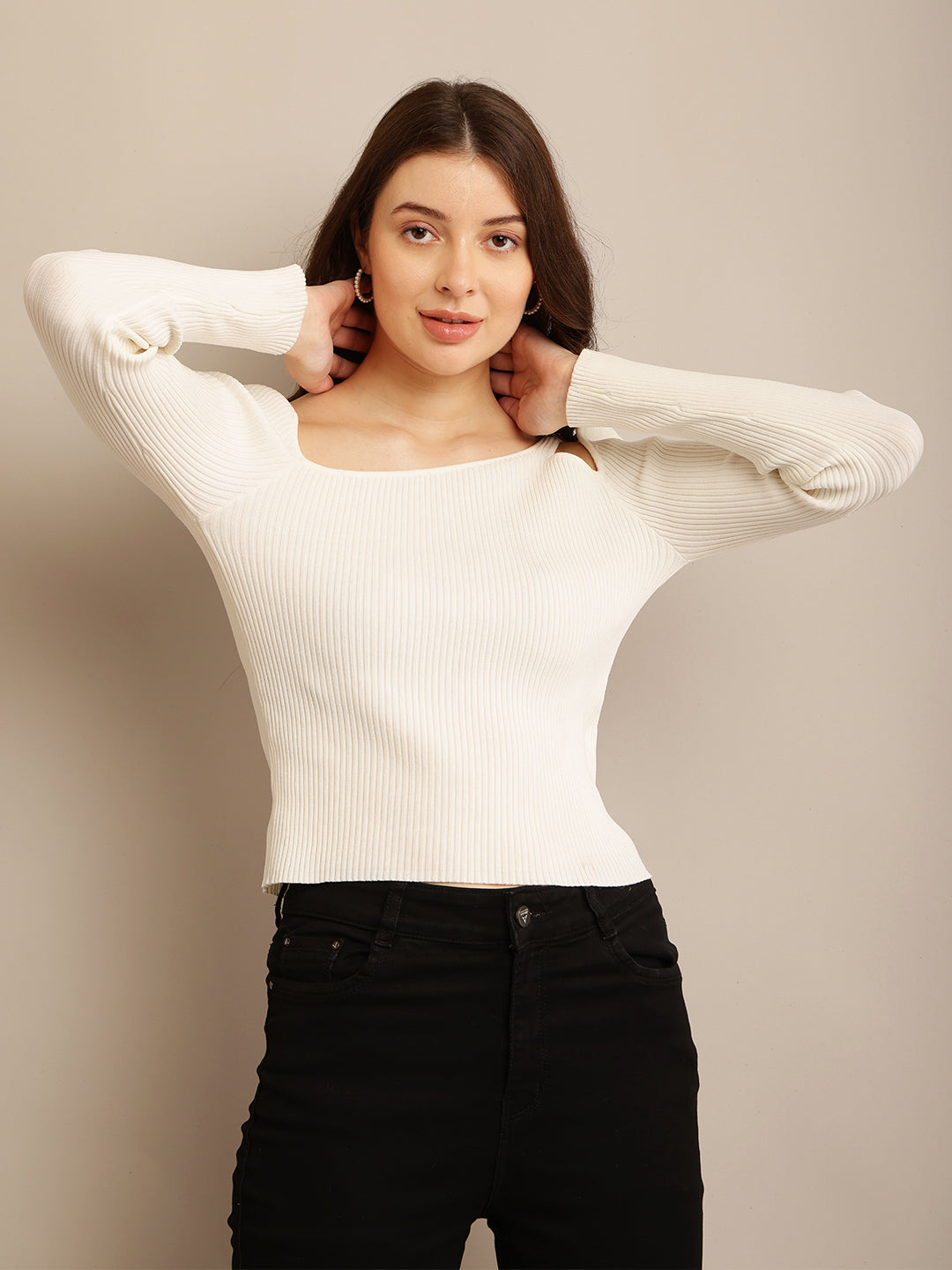 White Ribbed Top with Nylon, Round Neck, Cut-out One Shoulder, and Full Sleeves