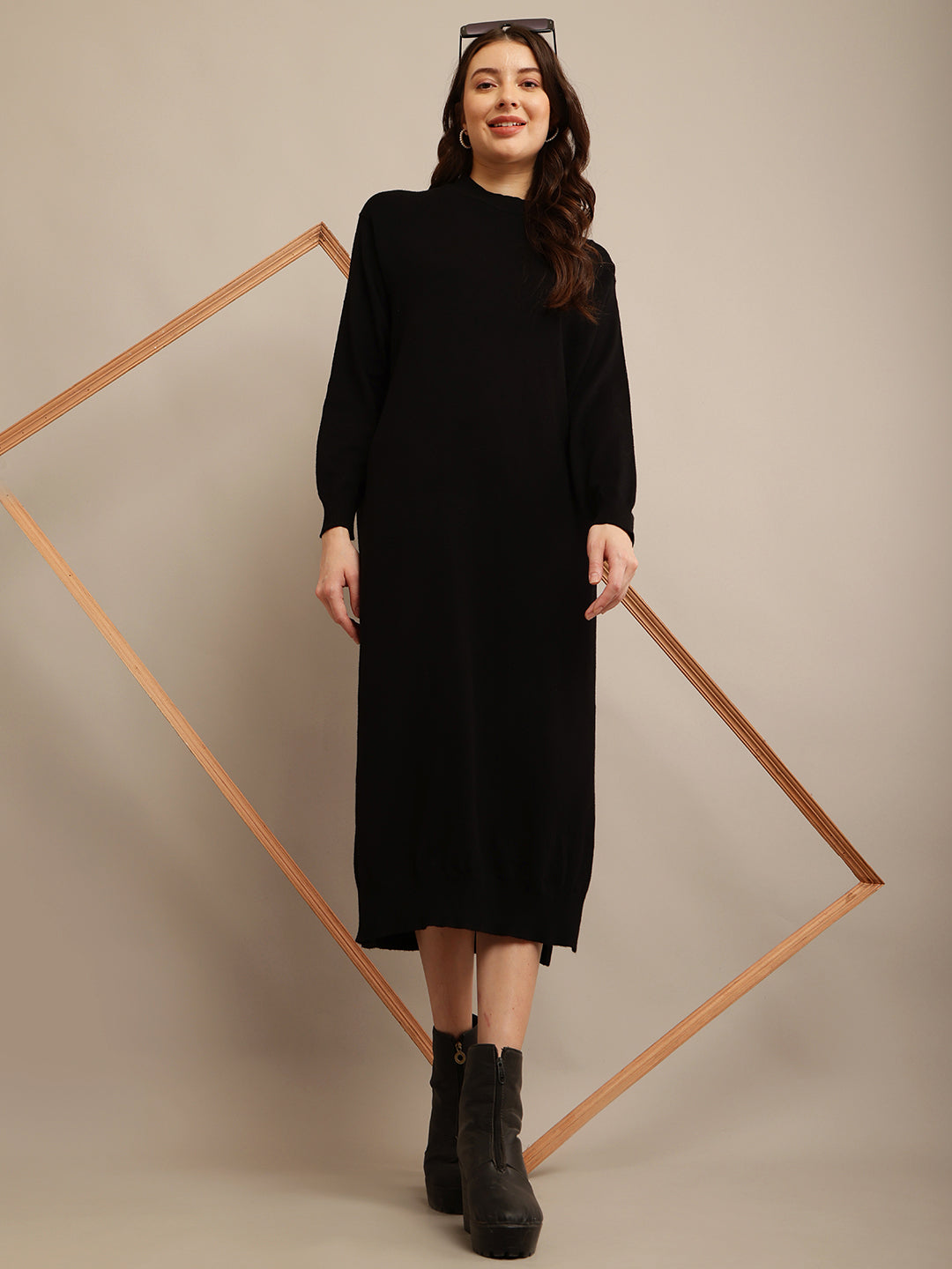 Viscose Full sleeve with High neck Black Straight dress