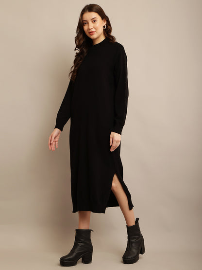 Viscose Full sleeve with High neck Black Straight dress