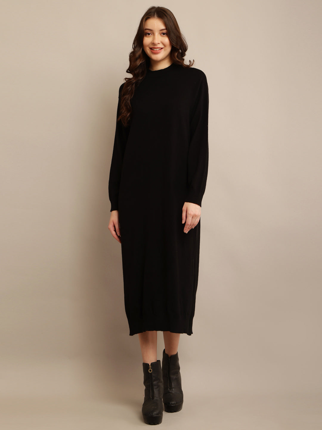 Viscose Full sleeve with High neck Black Straight dress