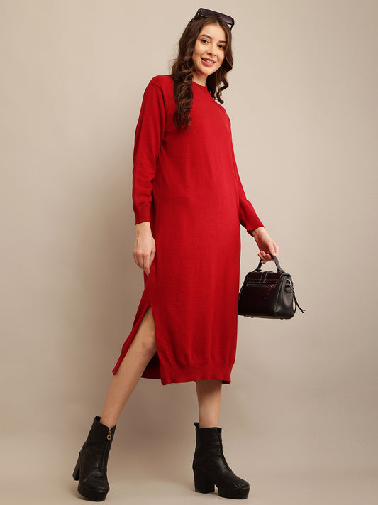 Viscose Full sleeve with High neck Red Straight dress