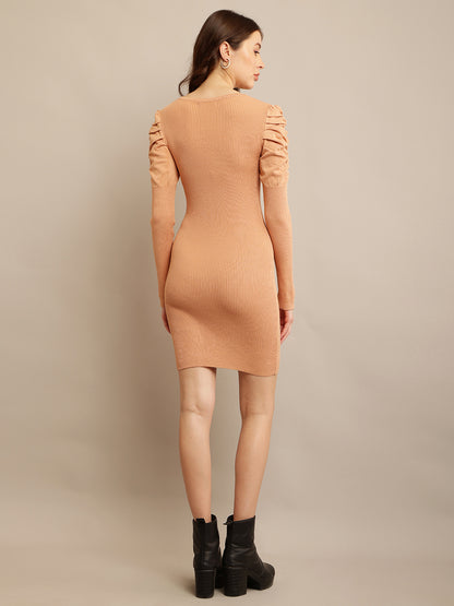 Light Orange Bodycon Dress with Full Acrylic Sleeves and Square Neck in Ribbed Knit