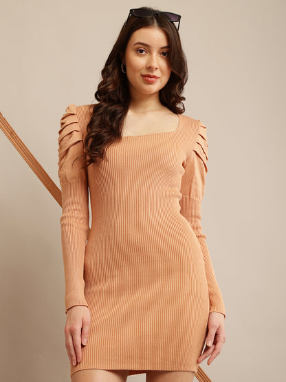 Light Orange Bodycon Dress with Full Acrylic Sleeves and Square Neck in Ribbed Knit