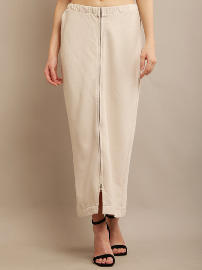 Beige Maxi Long Skirt with Front Slit, Elastic Waist, and Zip Closures